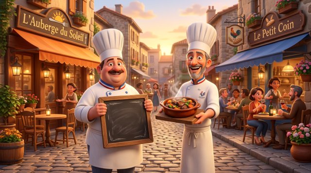Deux chefs souriants devant leurs restaurants respectifs, l'un tenant une étiquette de prix, l'autre offrant un plat