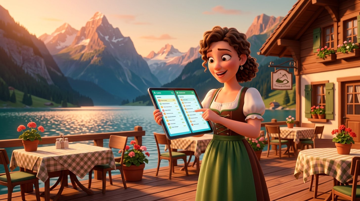 Gastgeberin vor ihrem Restaurant am Seeufer mit Blick auf die Berge, die auf einem Tablet zwei Reservationslisten nebeneinander vergleicht