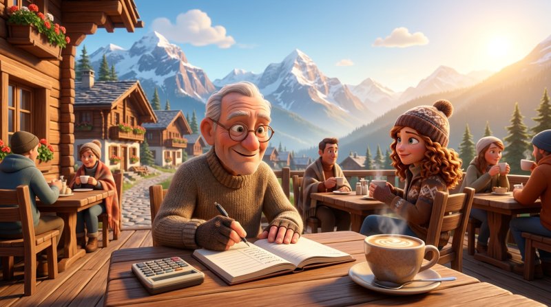 Restaurantterrasse in einem Schweizer Bergdorf, auf einem Holztisch liegen ein aufgeklapptes Reservationsbuch und ein Taschenrechner neben einer Tasse Kaffee