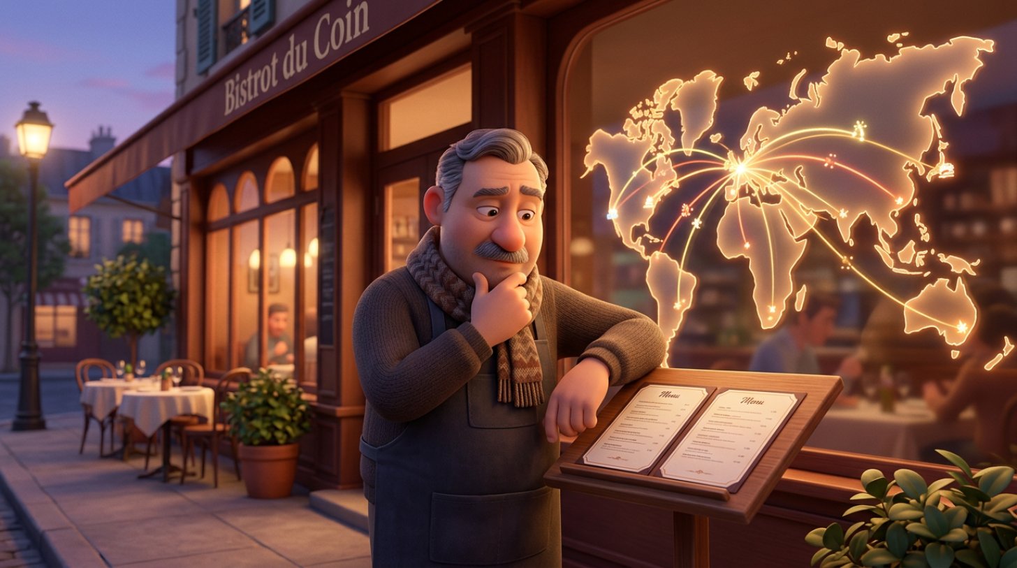 Restaurateur français devant son bistrot comparant deux menus tarifaires, avec une carte du monde reliée par des lignes de réservations en arrière-plan