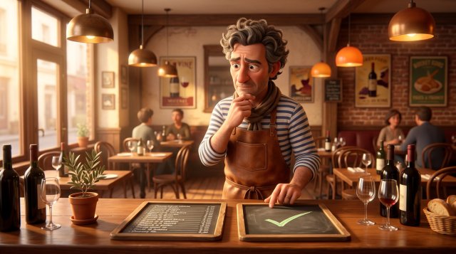 Restaurateur dans la salle de son bistrot comparant deux ardoises, l'une couverte d'options et l'autre épurée avec une simple coche