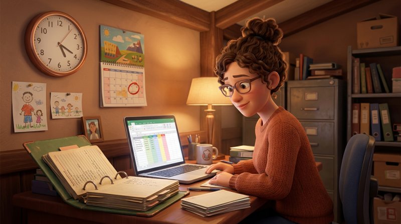 Restauratrice dans le bureau de son établissement, transférant ses fiches clients d'un vieux classeur vers un ordinateur portable, sous une horloge et un calendrier marquant l'échéance