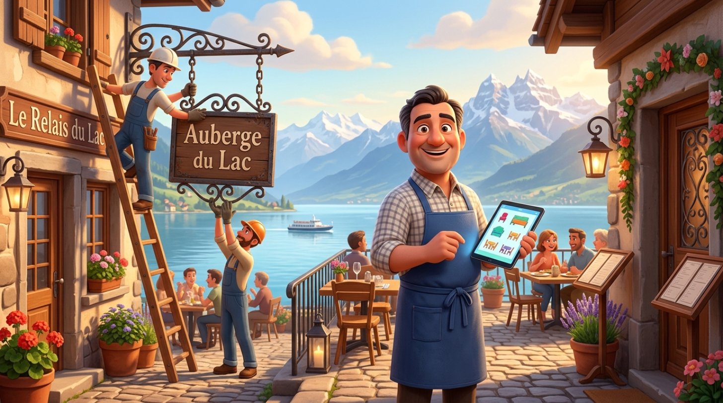 Restaurateur romand sur la terrasse de son établissement au bord du lac Léman, tablette de réservations à la main, pendant que l'enseigne d'une ancienne plateforme est décrochée de la façade