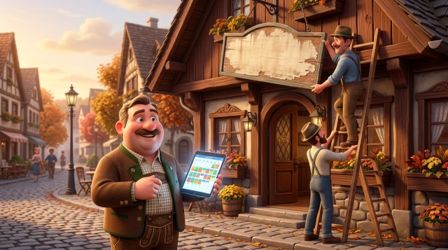 Gastwirt vor seinem Gasthaus mit einem Tablet voller Reservierungen, während zwei Arbeiter auf einer Leiter ein altes Schild von der Fassade abmontieren