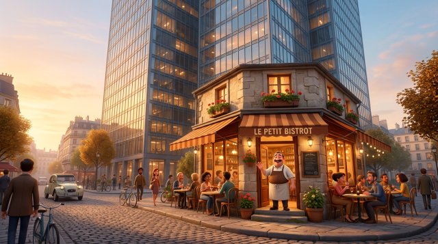 Petit restaurant de quartier chaleureux au pied d'une immense tour de bureaux en verre, le restaurateur souriant sur le pas de sa porte