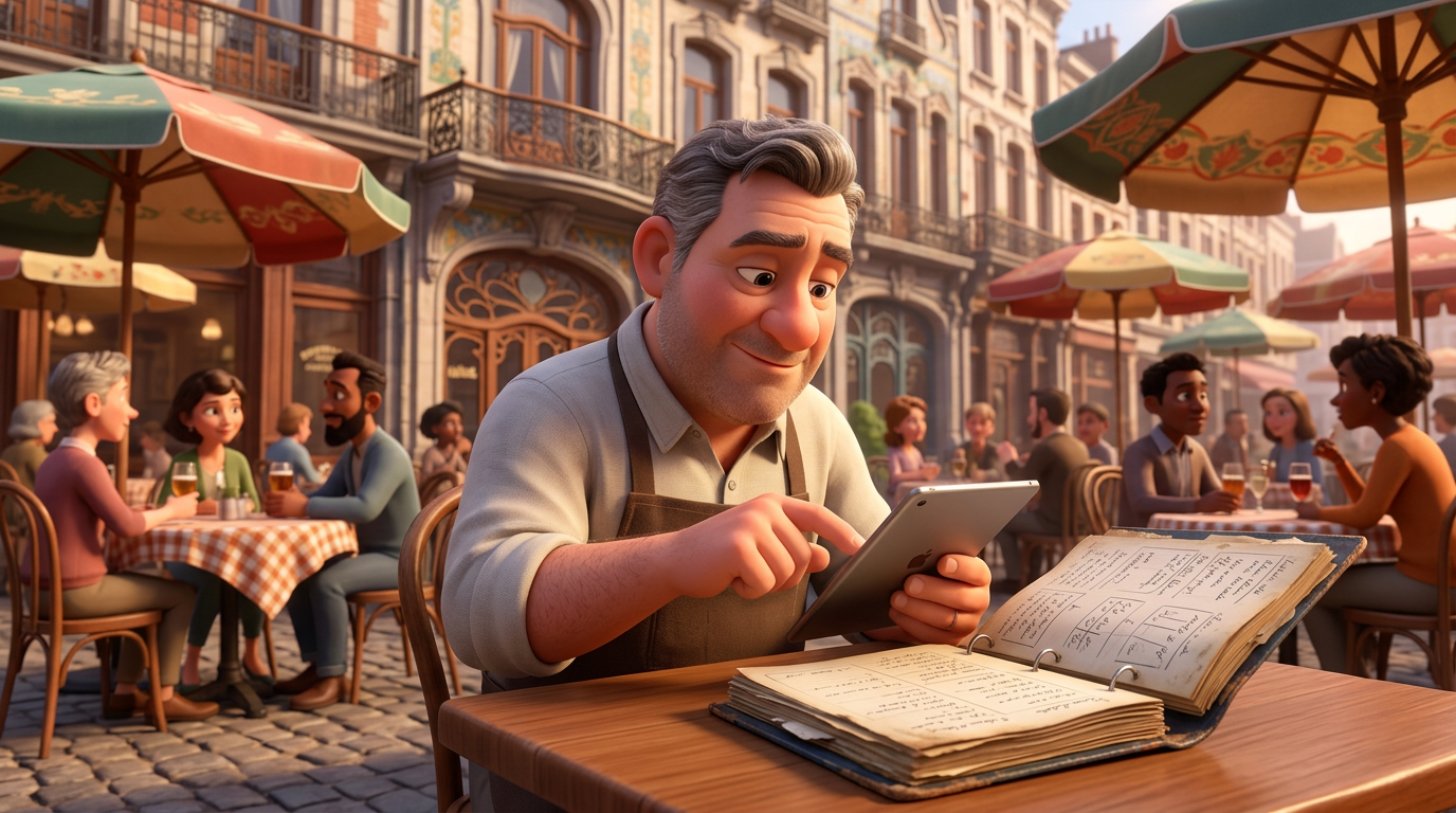 Restaurateur bruxellois transférant son agenda de réservations d'un classeur papier vers une tablette, en terrasse de brasserie