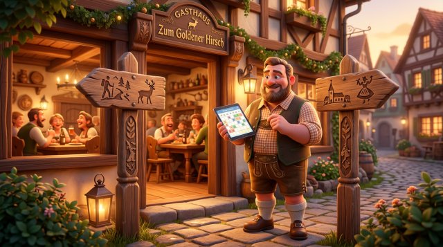 Gastwirt mit Tablet vor seinem Gasthaus betrachtet zwei Wegweiser, die in unterschiedliche Richtungen zeigen