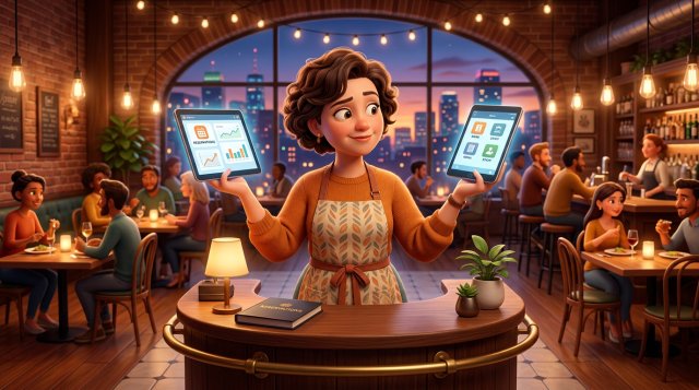 Restaurant owner at a bistro host stand weighing two tablets in her hands like a scale, busy dining room and evening skyline behind her