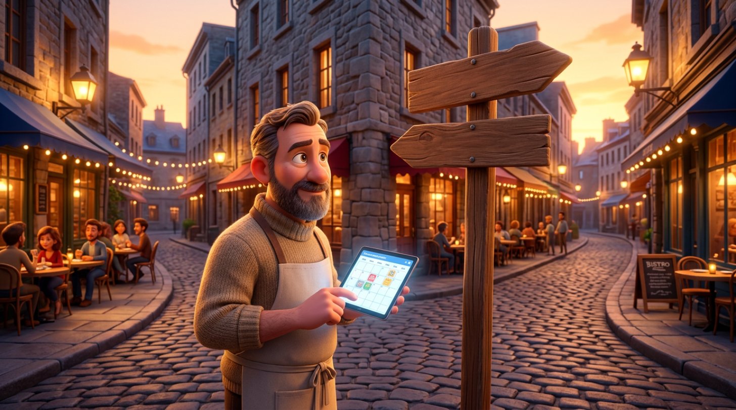 Montréal restaurant owner standing at a crossroads on a cobblestone street, holding a reservation tablet and looking at two diverging signposts
