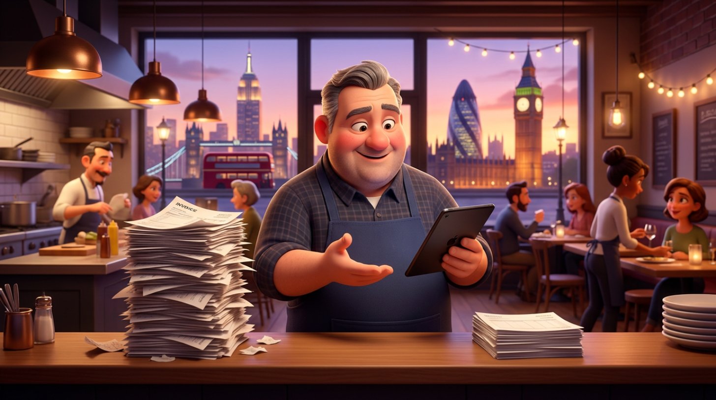 Restaurant owner at the counter of a busy bistro comparing a tall stack of invoices with a short one, New York and London landmarks visible through the window