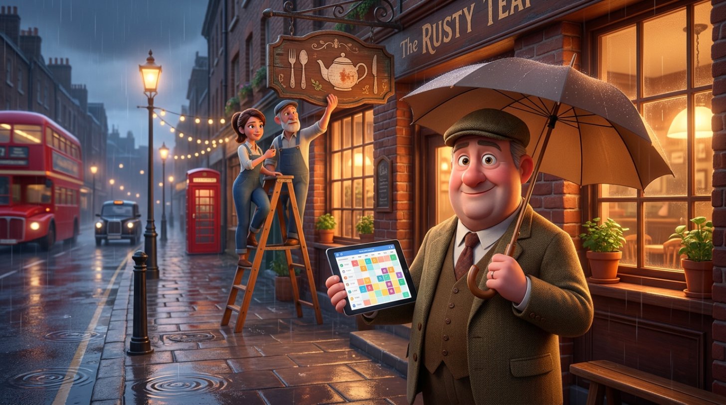 British restaurant owner outside his brick-fronted bistro holding a tablet with a full bookings calendar while two workers take down an old sign