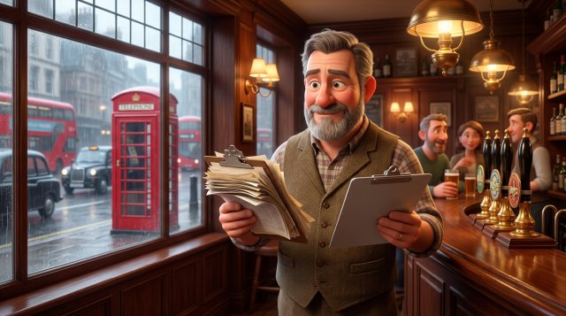 British pub owner behind the bar of a cosy gastropub comparing a thick clipboard of add-on price sheets with a thin one, a red telephone box visible through the rainy window
