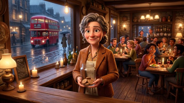 British bistro owner at her counter holding an almost empty jar of wooden reservation tokens while her dining room is full, a red double-decker bus passing in the rain outside