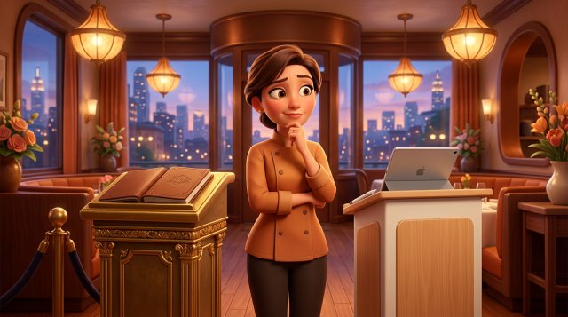 Restaurant owner in a New York bistro at dusk choosing between an ornate gilded reservation podium and a simple modern one with a tablet