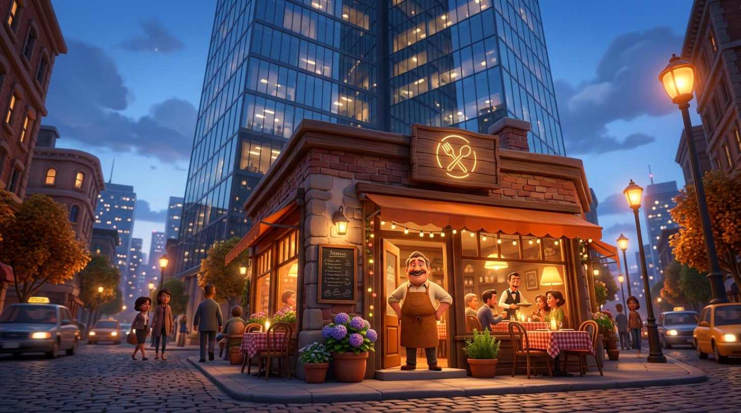 A smiling restaurant owner at the door of a small cozy neighborhood restaurant standing at the foot of a towering glass office skyscraper
