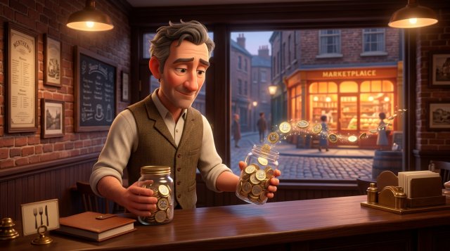 British restaurateur at his bistro counter comparing a jar of pound coins drifting towards a glowing marketplace storefront with a full jar kept safely beside his own reservation book