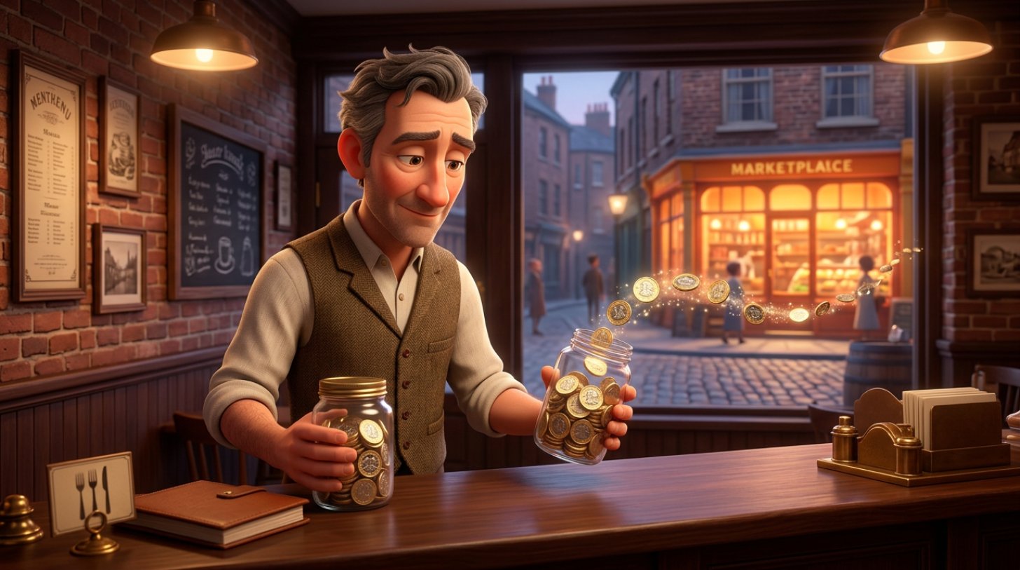 British restaurateur at his bistro counter comparing a jar of pound coins drifting towards a glowing marketplace storefront with a full jar kept safely beside his own reservation book