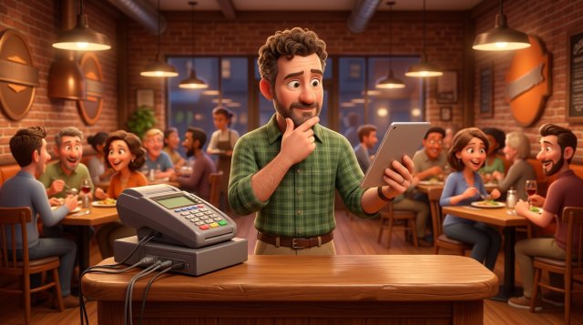 Restaurant owner at a wooden host stand comparing a bulky wired point-of-sale terminal with a slim standalone tablet while guests dine in the background