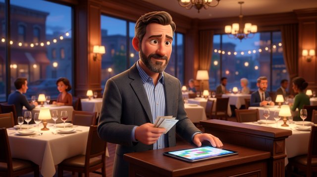 Restaurant owner at the host counter of an elegant dining room at dusk, holding paper dinner tickets while looking at a tablet showing a reservation calendar