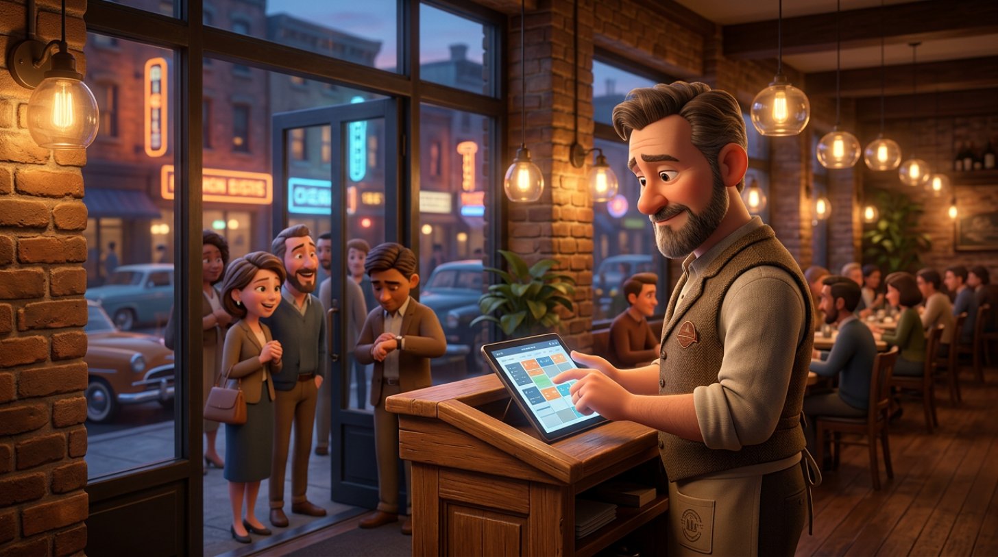 Restaurant owner at the host stand of a busy American bistro checking a reservation tablet while guests wait by the door