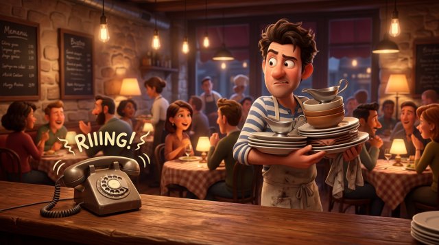 Téléphone de restaurant qui sonne sur un comptoir pendant le coup de feu, sous le regard d'un serveur les bras chargés d'assiettes