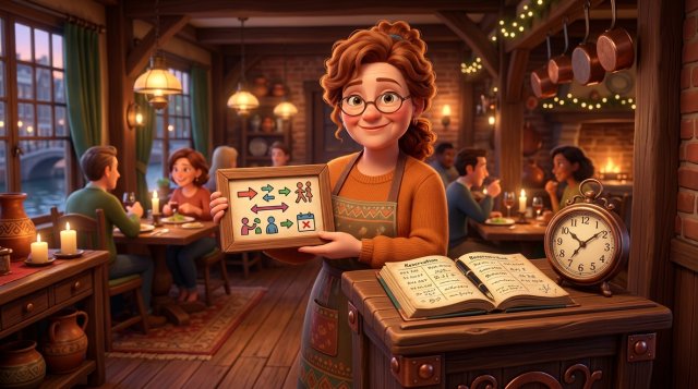 Illustratie van een restauranthouder die bij de ontvangstbalie zijn annuleringsvoorwaarden toont naast een reserveringsboek en een klok