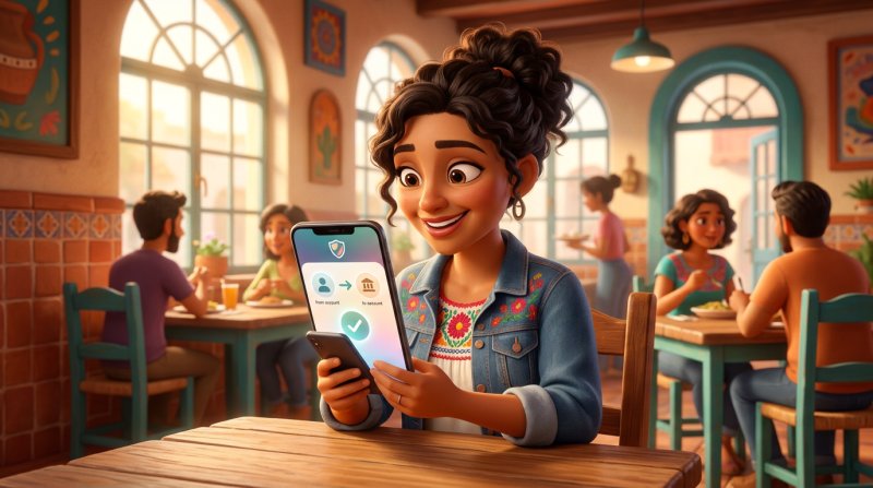 Comensal mexicana paga el anticipo de su reservación con una transferencia desde su celular en la mesa de un restaurante
