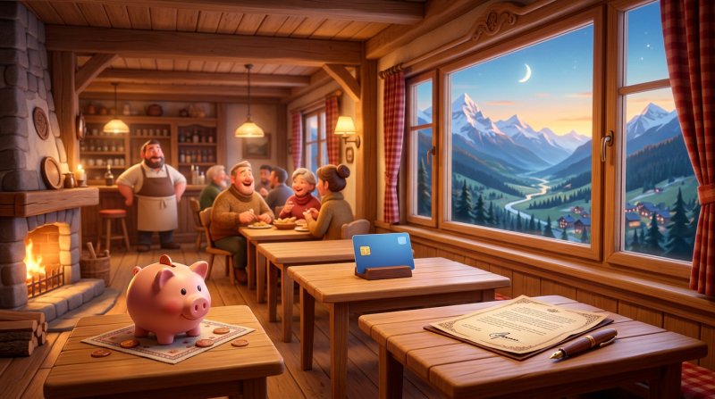 Drei Holztische in einer Schweizer Gaststube mit Bergblick, auf denen symbolisch ein Sparschwein, eine Kreditkarte und ein unterschriebenes Dokument stehen