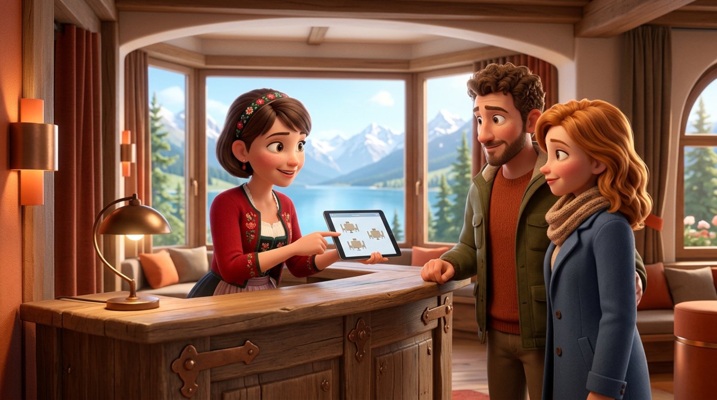 Gastgeberin am Empfangspult eines Schweizer Restaurants mit Seeblick, die einem Gastpaar die Stornobedingungen auf einem Tablet zeigt