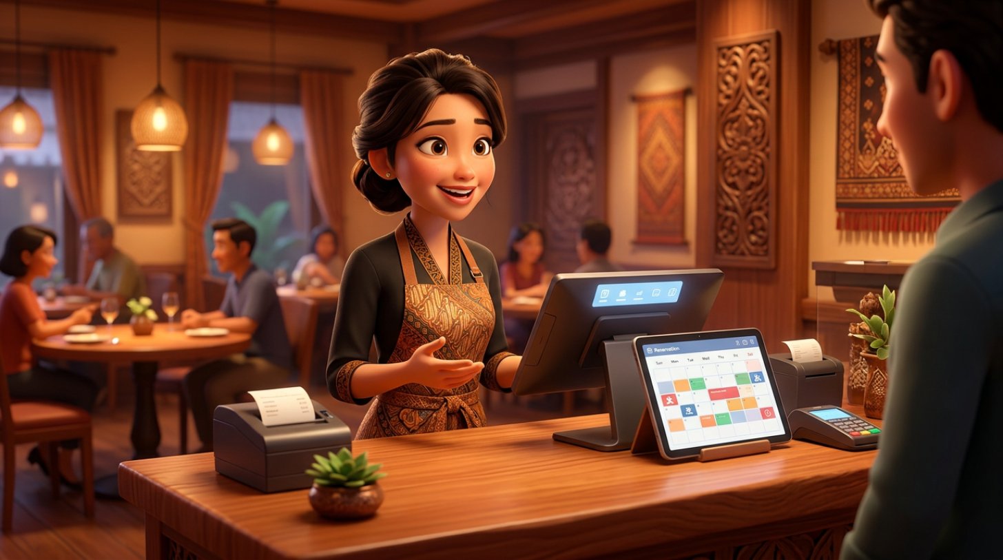 Ilustrasi 3D kasir restoran Indonesia dengan mesin POS di konter dan buku reservasi di sampingnya