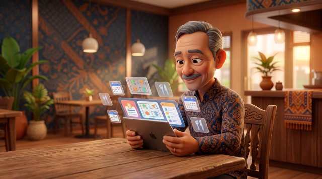 Ilustrasi 3D pemilik restoran Indonesia membandingkan beberapa aplikasi reservasi pada tablet di meja restorannya