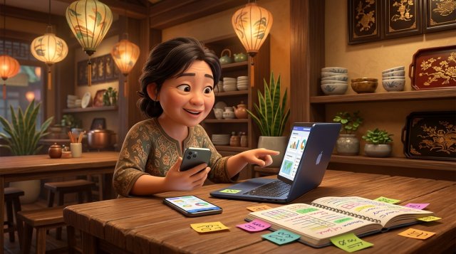 Chủ nhà hàng Việt Nam ngồi tại bàn gỗ trong quán, so sánh các app đặt bàn trên điện thoại và laptop với sổ ghi chú bên cạnh