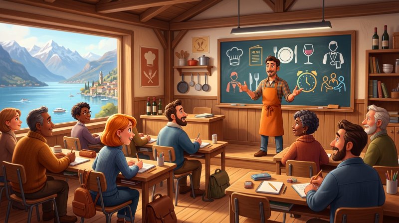 Aula del corso per esercenti con un formatore alla lavagna e futuri ristoratori che prendono appunti, con lago e montagne oltre la finestra