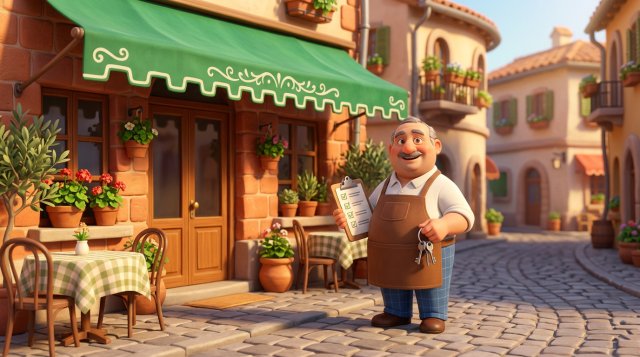 Illustrazione di un ristoratore sorridente davanti alla facciata del suo nuovo ristorante, con le chiavi in mano e la checklist delle pratiche