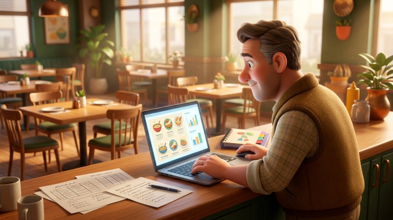 Étteremtulajdonos laptopon elemzi az étlap adatait, jegyzetekkel és táblázatokkal