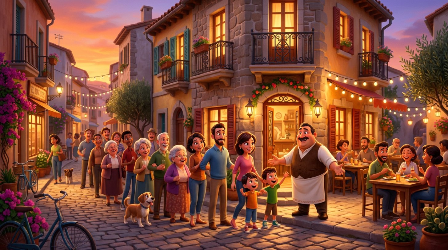 Ilustración de un restaurante de barrio con una terraza animada que atrae una fila de clientes sonrientes al atardecer