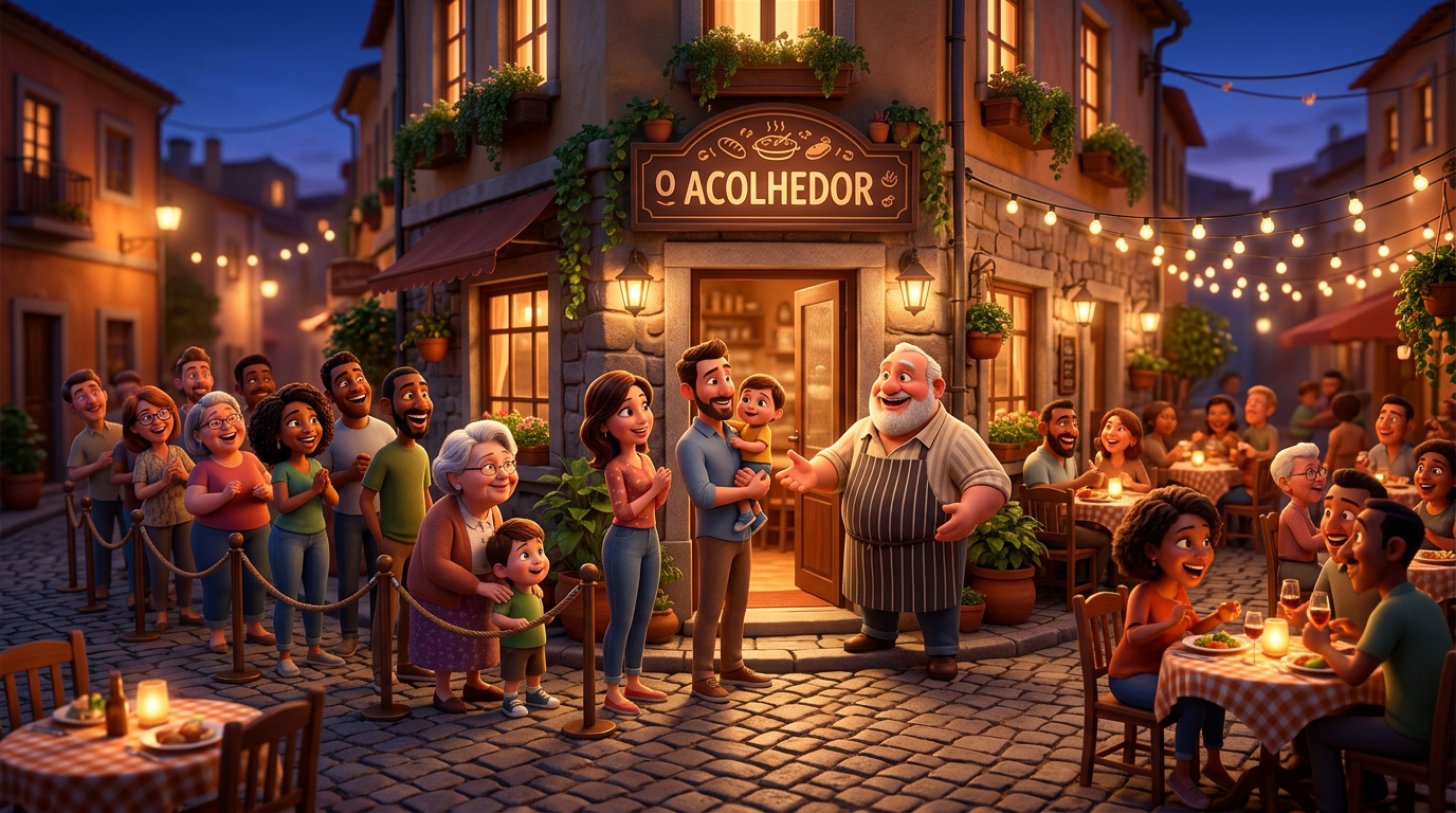 Ilustração de um restaurante de bairro com esplanada animada a atrair uma fila de clientes sorridentes ao entardecer