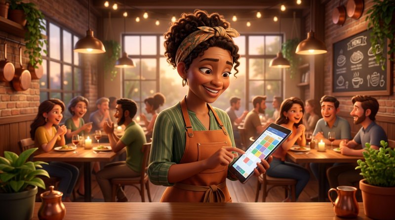 Restauradora sorridente a consultar num tablet o planeamento de reservas cheio do seu restaurante