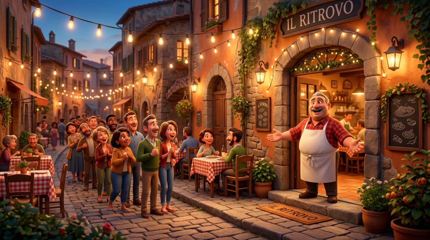 Illustrazione di un ristoratore sorridente che accoglie una fila di clienti davanti alla sua trattoria illuminata