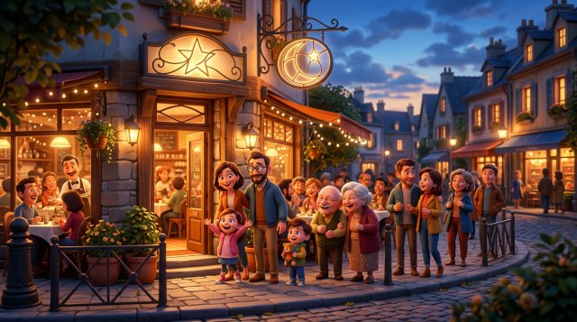 Illustration d'un restaurant animé dont la terrasse attire une file de clients souriants