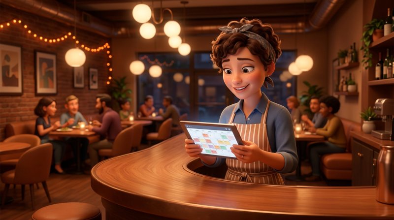 Restauratrice consultant sur une tablette le planning de réservations de son restaurant rempli