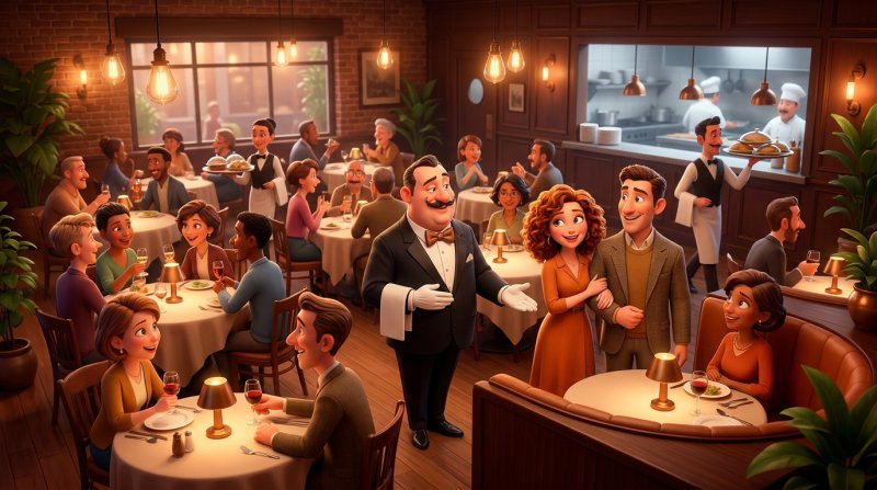 Salle de restaurant comble avec un maître d'hôtel orchestrant le placement des clients