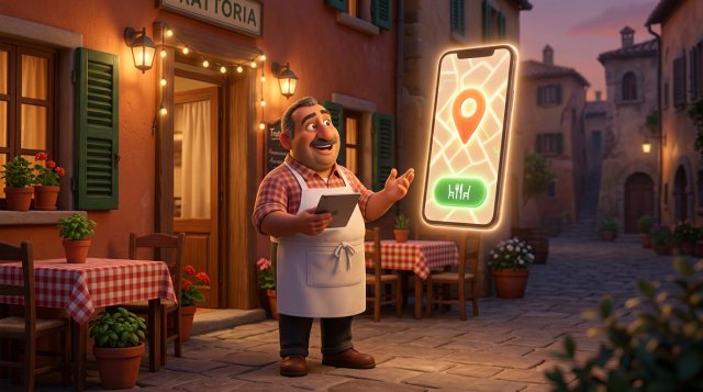Ristoratore italiano sorridente davanti alla sua trattoria che guarda uno smartphone gigante con un pulsante di prenotazione luminoso sopra la mappa