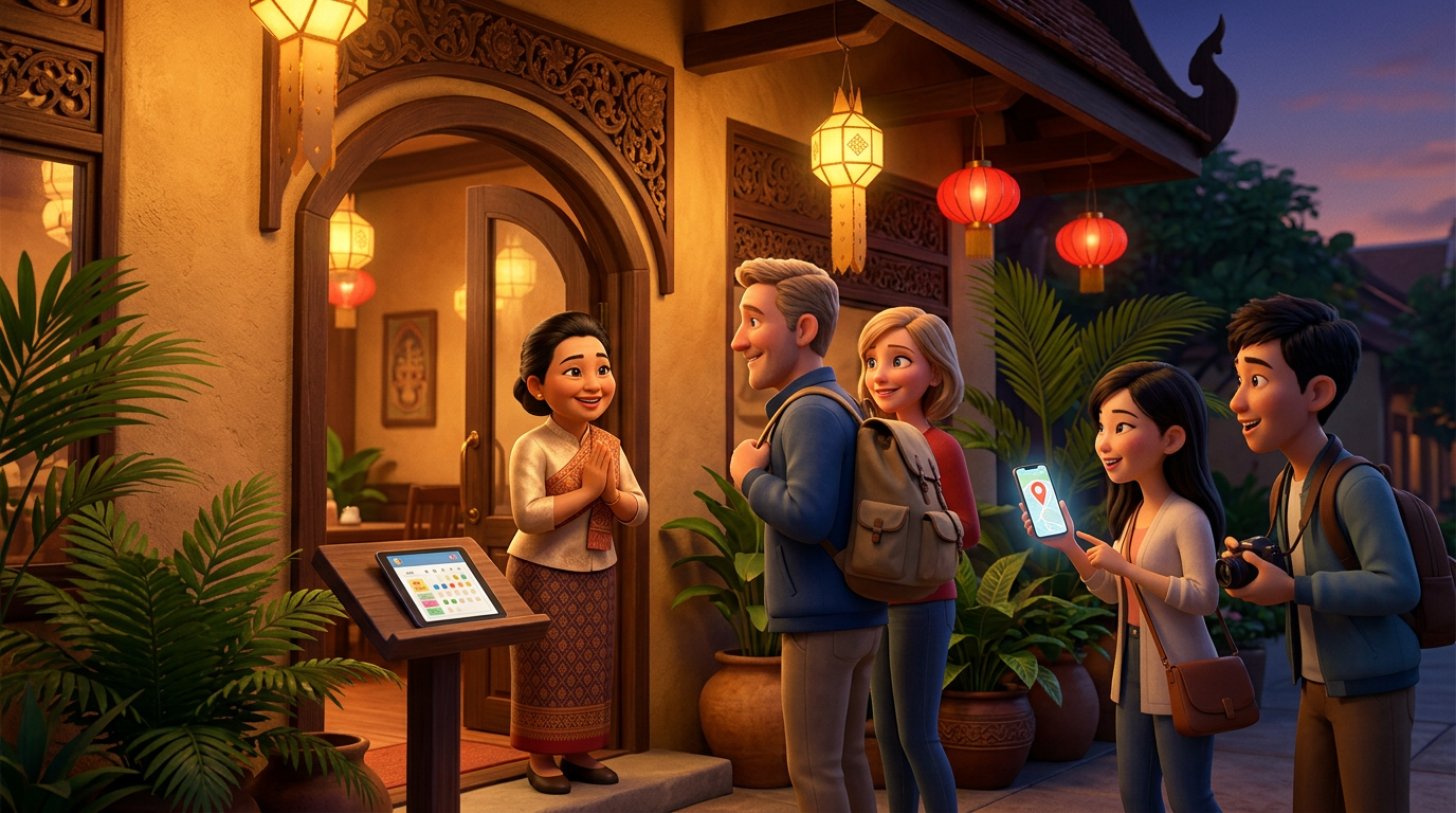 เจ้าของร้านอาหารไทยยิ้มต้อนรับกลุ่มนักท่องเที่ยวต่างชาติหน้าประตูร้านที่ประดับโคมไฟ มีแท็บเล็ตแสดงปฏิทินการจองวางบนเคาน์เตอร์ต้อนรับ