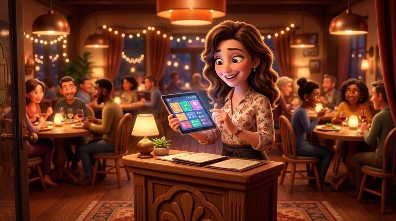 Restaurant owner at her host stand checking a tablet showing a fully booked evening reservation planner