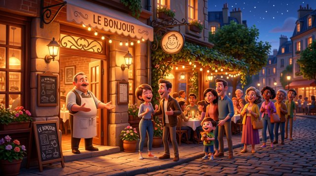 Illustration of a lively restaurant whose glowing terrace draws a line of smiling customers at the door