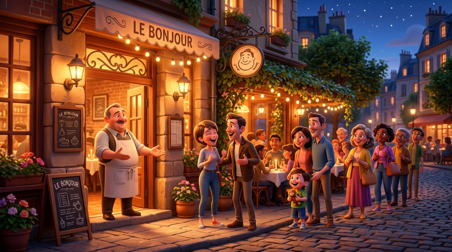 Illustration of a lively restaurant whose glowing terrace draws a line of smiling customers at the door