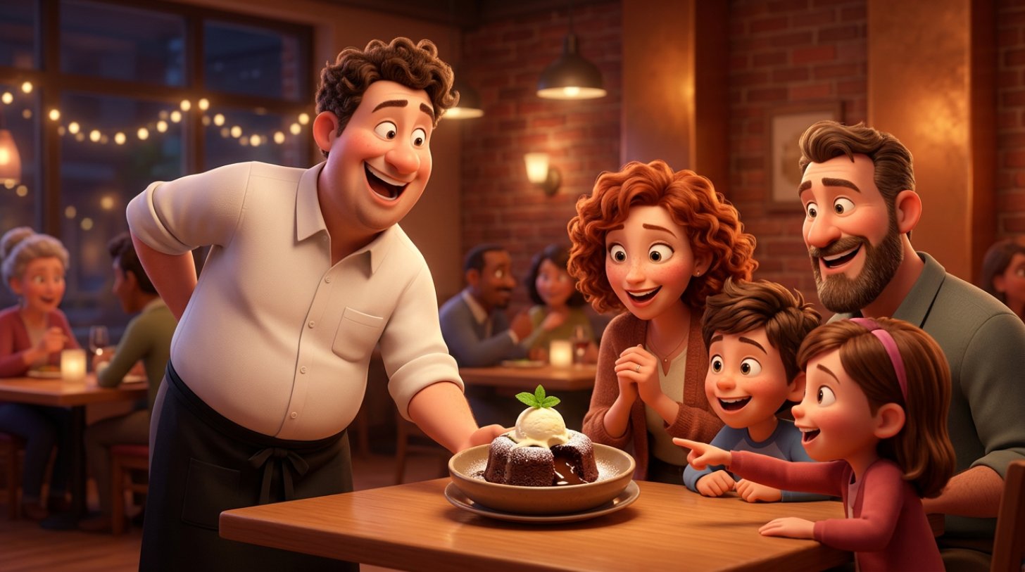 Illustration d'un serveur souriant présentant un dessert à une table de clients dans une salle de restaurant chaleureuse