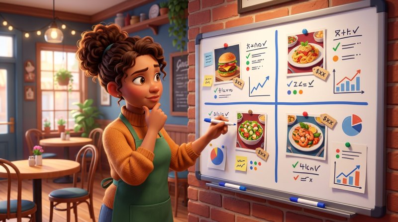 Restauratrice analysant sa carte avec la matrice du menu engineering affichée sur un tableau