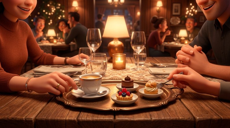 Mesa de restaurante no fim da refeição com café e pequenas sobremesas servidas num tabuleiro elegante